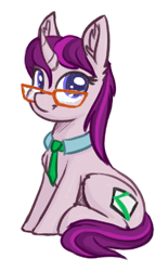 Size: 667x1074 | Tagged: safe, artist:shydale, imported from derpibooru, oc, oc only, oc:checkbox, oc:vox populi, pony, unicorn, :t, chest fluff, curved horn, cute, ear fluff, female, glasses, horn, leg fluff, looking at you, mare, necktie, ocbetes, simple background, sitting, smiling, solo, white background