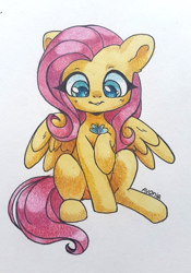 Size: 607x867 | Tagged: safe, artist:avonir, imported from derpibooru, fluttershy, butterfly, pegasus, pony, female, front view, full face view, holding, looking at something, looking down, mare, raised hoof, sitting, smiling, solo, spread wings, traditional art, wings