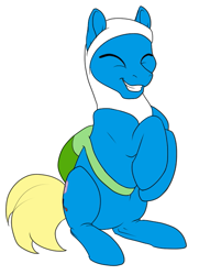 Size: 459x633 | Tagged: safe, artist:mythpony, imported from derpibooru, oc, oc only, oc:finn the pony, pony, cute, eyes closed, finn the human, ocbetes, ponified, simple background, sitting, smiling, solo, white background