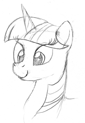 Size: 887x1280 | Tagged: safe, artist:arrjaysketch, imported from derpibooru, twilight sparkle, pony, head shot, lineart, monochrome, simple background, sketch, smiling