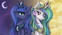 Size: 7680x4320 | Tagged: safe, artist:check3256, imported from derpibooru, princess celestia, princess luna, alicorn, pony, absurd resolution, blushing, chest fluff, cloud, crescent moon, crown, day, duo, female, fluffy, jewelry, looking at you, mare, moon, necklace, night, regalia, royal sisters, smiling, stars, transparent moon