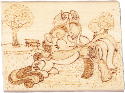 Size: 855x638 | Tagged: safe, artist:malte279, imported from derpibooru, bon bon, lyra heartstrings, sweetie drops, earth pony, pony, unicorn, female, hug, lesbian, lyrabon, pyrography, shipping, traditional art