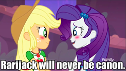 Size: 961x541 | Tagged: safe, edit, edited screencap, imported from derpibooru, screencap, applejack, rarity, equestria girls, equestria girls series, rollercoaster of friendship, anti-shipping, discussion in the comments, op has a point, op is a duck, op is trying to start shit, op started shit