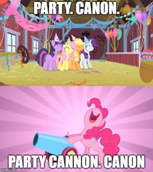 Size: 500x562 | Tagged: safe, imported from derpibooru, applejack, fluttershy, pinkie pie, rarity, twilight sparkle, earth pony, pegasus, pony, unicorn, hat, image macro, impact font, meme, party cannon, party hat, unicorn twilight