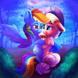 Size: 2000x2000 | Tagged: safe, artist:discorded, imported from derpibooru, applejack, rainbow dash, earth pony, pegasus, pony, appledash, bipedal, butt touch, cowboy hat, feathermarking, female, floppy ears, freckles, hat, lesbian, looking at each other, mare, never doubt tchernobog's involvement, requested art, shipping, smiling, stetson, tree