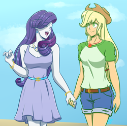 Size: 900x894 | Tagged: safe, artist:azura-arts, imported from derpibooru, applejack, rarity, equestria girls, clothes, dress, female, geode of super strength, holding hands, lesbian, rarijack, shipping