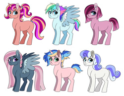 Size: 1280x990 | Tagged: safe, artist:cascayd, imported from derpibooru, oc, oc only, oc:bobby pin, oc:cherry tart, oc:daylight gleam, oc:spectra, oc:storm current, oc:summer blitz, earth pony, pegasus, pony, unicorn, adoptable, female, for sale, freckles, magical lesbian spawn, mare, next generation, offspring, parent:applejack, parent:cheese sandwich, parent:coco pommel, parent:fluttershy, parent:marble pie, parent:pinkie pie, parent:rainbow dash, parent:rarity, parent:shining armor, parent:sunset shimmer, parent:twilight sparkle, parent:vapor trail, parents:cheesepie, parents:marbleshy, parents:marshmallow coco, parents:shiningjack, parents:sunsetsparkle, parents:vapordash, simple background, white background