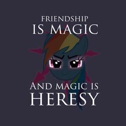 Size: 480x480 | Tagged: artist needed, source needed, safe, imported from derpibooru, rainbow dash, pony, chaos, evil, evil grin, female, heresy, looking at you, meme, needs more jpeg, smiling, solo, title drop, warhammer (game), warhammer 40k