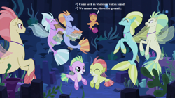 Size: 1280x720 | Tagged: safe, edit, edited screencap, imported from derpibooru, screencap, aestuarium, cotton shores, papaya bay, salmon chiton, scootaloo, wind storm, seapony (g4), surf and/or turf, baby seaponies (g4), baby seapony (g4), background sea pony, bongos, cute, cutealoo, dancing, harry potter, harry potter (series), harry potter and the goblet of fire, lyrics, musical instrument, seaponified, seapony scootaloo, seaquestria, seaweed, song reference, species swap, text