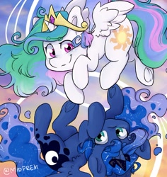 Size: 610x647 | Tagged: safe, artist:midnightpremiere, imported from derpibooru, princess celestia, princess luna, alicorn, pony, crown, cute, duality, duo, female, filly, jewelry, looking at you, mare, regalia, royal sisters, sisters, smiling, underhoof, woona, younger