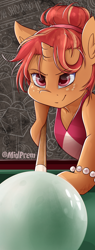 Size: 1024x2688 | Tagged: safe, artist:midnightpremiere, imported from derpibooru, oc, oc only, oc:deep dish, pony, billiards, pool cue, pool table, solo, whinnycitycon