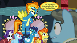 Size: 800x450 | Tagged: safe, edit, edited screencap, imported from derpibooru, screencap, rainbow dash, rarity, soarin', spitfire, stormy flare, wind rider, rarity investigates, angry, clothes, fired, goggles, laser-guided karma, mirror, speech bubble, text, uniform, wonderbolts uniform