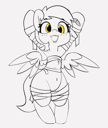 Size: 2228x2640 | Tagged: safe, artist:pabbley, imported from derpibooru, derpy hooves, pegasus, pony, 30 minute art challenge, armpits, blushing, clothes, costume, female, frog (hoof), hoofbutt, lineart, mare, monochrome, mummy, partial color, simple background, solo, underhoof, white background