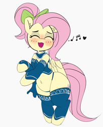 Size: 3737x4584 | Tagged: safe, artist:pabbley, imported from derpibooru, fluttershy, pegasus, pony, 30 minute art challenge, adorasexy, alternate hairstyle, bard, belly button, belly dancer, blushing, bow, chubby, chubbyshy, clothes, cute, dancer, dancing, eyes closed, fantasy class, female, floppy ears, flutterthighs, hair bow, heart, mare, music notes, open mouth, plump, ponytail, sexy, shyabetes, simple background, singing, smiling, socks, solo, thick, white background