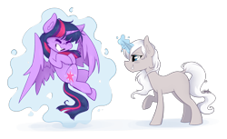 Size: 2966x1821 | Tagged: safe, artist:midnightpremiere, imported from derpibooru, twilight sparkle, oc, oc:heaven swirl, alicorn, pony, unicorn, flying, levitation spell, magic, simple background, spell, transparent background, twilight sparkle (alicorn)