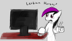 Size: 798x461 | Tagged: safe, artist:tetrapony, imported from derpibooru, oc, oc only, oc:mbulsht, pony, bronyville, bronyville podcast, computer, desk, female, lesbian, mug, open mouth