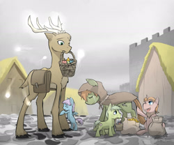 Size: 2100x1750 | Tagged: safe, artist:stupidyou3, imported from derpibooru, oc, oc only, deer, pony, cloak, clothes, coin, crying, foal, mouth hold, saddle bag