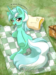 Size: 1050x1400 | Tagged: safe, artist:joakaha, imported from derpibooru, lyra heartstrings, pony, unicorn, basket, dialogue, female, looking at you, open mouth, picnic basket, picnic blanket, solo, underhoof