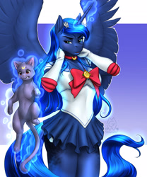 Size: 2375x2850 | Tagged: safe, alternate version, artist:mykegreywolf, imported from derpibooru, princess luna, alicorn, anthro, cat, anime, clothes, cosplay, costume, female, gloves, glowing horn, heroine, luna (sailor moon), magic, mare, miniskirt, namesake, pleated skirt, pun, sailor moon, skirt, telekinesis, the fun has been doubled