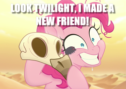 Size: 1131x799 | Tagged: safe, edit, edited screencap, imported from derpibooru, screencap, pinkie pie, earth pony, pony, my little pony: the movie, bone, caption, crazy face, dead, desert, desert sun madness, faic, image macro, insanity, meme, skeleton, skull