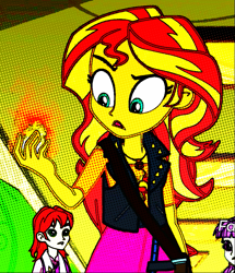 Size: 859x1000 | Tagged: safe, edit, edited screencap, imported from derpibooru, screencap, nolan north, sunset shimmer, equestria girls, equestria girls series, forgotten friendship, background human, cropped, deep fried, deep fried meme, discovery family logo, fiery shimmer, fire, meme, sunset holding things