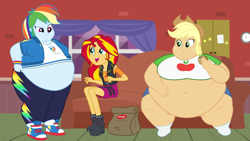 Size: 1920x1080 | Tagged: safe, artist:neongothic, imported from derpibooru, applejack, rainbow dash, sunset shimmer, fanfic:a 1000 pound cowgirl?!? i don't think so!, equestria girls, equestria girls series, amplejack, applefat, appleshimmer, bbw, belly, belly button, big belly, boots, burger, chubby cheeks, double chin, fast food, fat, fat fetish, female, fetish, food, hamburger, high heel boots, huge belly, illustration, junk food, legs, lesbian, morbidly obese, obese, rainblob dash, shipping, shoes, show accurate, ssbbw, story included, sunsetdash