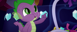 Size: 1920x804 | Tagged: safe, imported from derpibooru, screencap, spike, dragon, my little pony: the movie, basket, canterlot, cute, gem, green eyes, heart, looking up, male, open mouth, pointing, puffy cheeks, scales, smiling, solo, spikabetes