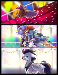 Size: 590x768 | Tagged: safe, artist:malinraf1615, imported from derpibooru, bow hothoof, rainbow dash, scootaloo, soarin', pegasus, pony, bride, clothes, dress, female, floral head wreath, flower, flower filly, flower girl, flower girl dress, male, marriage, mouth hold, shipping, soarindash, straight, suit, wedding, wedding dress, wedding suit