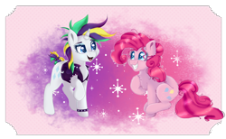 Size: 2636x1621 | Tagged: safe, artist:sinalaa, imported from derpibooru, pinkie pie, rarity, pony, it isn't the mane thing about you, abstract background, alternate hairstyle, couple, cute, eyelashes, female, glow, glowing, happy, lesbian, looking at each other, mare, punk, raised hoof, raripie, raripunk, shipping, smiling