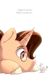 Size: 3300x5000 | Tagged: safe, artist:kiarawizard01, imported from derpibooru, oc, oc only, pony, unicorn, animal, female, giant pony, glasses, looking at each other, macro, mare, micro, simple background, solo, white background