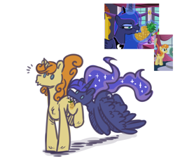 Size: 1852x1768 | Tagged: safe, artist:anotherdeadrat, imported from derpibooru, princess luna, sassy saddles, tropical sunrise, alicorn, pony, unicorn, a royal problem, canterlot boutique, background pony, biting, butt bite, cutie mark, duo, ethereal mane, female, food, literal butthurt, mare, nom, pain, pineapple, sharp teeth, shocked, starry mane, teeth