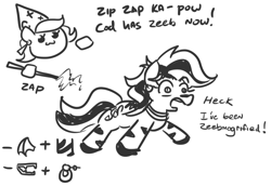 Size: 737x507 | Tagged: safe, artist:jargon scott, imported from derpibooru, oc, oc:panne, zebra, dialogue, female, hat, monochrome, quadrupedal, species swap, transformation, wand, witch hat, woosh, zebrafied, zeeb