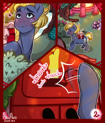 Size: 1280x1501 | Tagged: safe, artist:hiloumuns, imported from derpibooru, star tracker, pony, comic:twitracker valentine's day, blushing, building, comic, gift box, golden oaks library, hearts and hooves day, holiday, knocking on door, male, present, shipping, twitracker, valentine's day