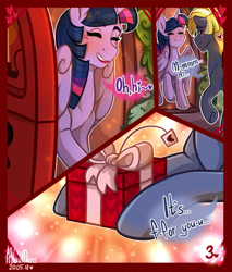 Size: 1280x1501 | Tagged: safe, artist:hiloumuns, imported from derpibooru, star tracker, twilight sparkle, alicorn, earth pony, pony, comic:twitracker valentine's day, blushing, building, comic, dialogue, female, gift box, golden oaks library, heart, hearts and hooves day, holiday, male, present, shipping, twilight sparkle (alicorn), twitracker, valentine's day