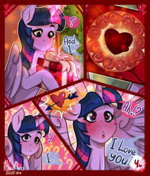 Size: 1280x1501 | Tagged: safe, artist:hiloumuns, imported from derpibooru, star tracker, twilight sparkle, alicorn, earth pony, pony, comic:twitracker valentine's day, abstract background, arrow, arrow through heart, blushing, building, cake, comic, confession of love, dialogue, female, food, gift box, golden oaks library, heart, heart eyes, hearts and hooves day, holiday, male, present, shipping, twilight sparkle (alicorn), twitracker, valentine's day, wingding eyes