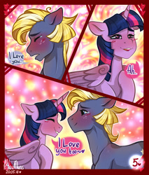 Size: 1280x1501 | Tagged: safe, artist:hiloumuns, imported from derpibooru, star tracker, twilight sparkle, alicorn, earth pony, pony, comic:twitracker valentine's day, abstract background, blushing, comic, confession of love, crying, dialogue, female, golden oaks library, heart, heart eyes, hearts and hooves day, holiday, male, shipping, tears of joy, twilight sparkle (alicorn), twitracker, valentine's day, wingding eyes