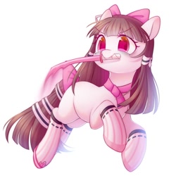 Size: 2000x2000 | Tagged: safe, artist:leafywind, imported from derpibooru, oc, oc only, earth pony, pony, bow, clothes, colored pupils, female, hair bow, hairband, mare, mouth hold, simple background, smiling, socks, solo, starry eyes, sword, tail band, tail bow, weapon, white background, wingding eyes