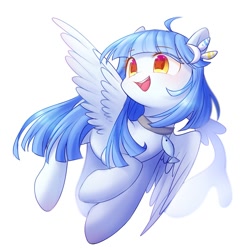 Size: 2000x2000 | Tagged: safe, artist:leafywind, imported from derpibooru, oc, oc only, pegasus, pony, choker, colored pupils, female, flying, looking up, mare, open mouth, simple background, smiling, solo, spread wings, starry eyes, white background, wingding eyes, wings