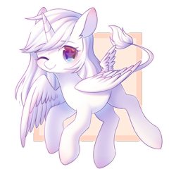 Size: 2000x2000 | Tagged: safe, artist:leafywind, imported from derpibooru, oc, oc only, alicorn, pony, abstract background, alicorn oc, colored pupils, ear fluff, female, leonine tail, mare, one eye closed, simple background, smiling, solo, starry eyes, transparent background, wingding eyes, wink