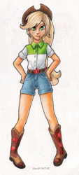 Size: 700x1545 | Tagged: safe, artist:andpie, imported from derpibooru, applejack, equestria girls, boots, clothes, cowboy hat, female, freckles, hat, haystick, looking at you, shorts, solo, stetson, traditional art