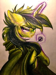 Size: 1024x1365 | Tagged: safe, artist:tillie-tmb, imported from derpibooru, oc, oc only, oc:tempest, pony, unicorn, cloak, clothes, female, magic, mare, orb, solo, traditional art