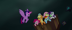 Size: 1920x804 | Tagged: safe, imported from derpibooru, screencap, applejack, fluttershy, pinkie pie, rainbow dash, rarity, spike, twilight sparkle, alicorn, pony, my little pony: the movie, female, flying, glowing horn, hot air balloon, mane seven, mane six, mare, spread wings, twilight sparkle (alicorn), wings