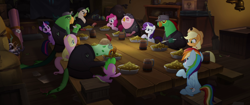 Size: 1920x804 | Tagged: safe, imported from derpibooru, screencap, applejack, boyle, captain celaeno, fluttershy, lix spittle, mullet (character), murdock, pinkie pie, rainbow dash, rarity, spike, twilight sparkle, alicorn, anthro, dragon, earth pony, parrot pirates, pegasus, pony, unicorn, my little pony: the movie, anthro with ponies, cowboy hat, female, food, hat, male, mane seven, mane six, mare, mullet (g4), pirate, squabble, twilight sparkle (alicorn)