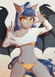 Size: 905x1280 | Tagged: safe, artist:glorious-rarien, imported from derpibooru, oc, oc only, oc:midnight rush, anthro, bat pony, anthro oc, bat pony oc, bikini, clothes, female, looking at you, mare, shirt, solo, swimsuit