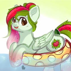 Size: 5000x5000 | Tagged: safe, artist:alphadesu, imported from derpibooru, oc, oc only, oc:watermelana, pony, absurd resolution, floating, freckles, gradient hooves, inflatable, ocean, sketch, smiling, solo, swimming