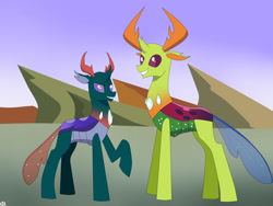 Size: 1024x768 | Tagged: safe, artist:kaizo111, imported from derpibooru, pharynx, thorax, changedling, changeling, brothers, changedling brothers, height difference, king thorax, male, prince pharynx