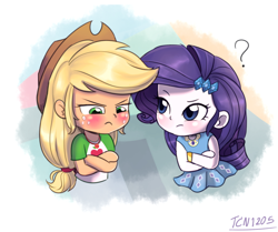 Size: 1500x1256 | Tagged: safe, artist:tcn1205, imported from derpibooru, applejack, rarity, equestria girls, equestria girls series, rollercoaster of friendship, blushing, chibi, crossed arms, cute, duo, female, geode of shielding, geode of super strength, humanized, jackabetes, lesbian, pony coloring, question mark, raribetes, rarijack, scene interpretation, shipping