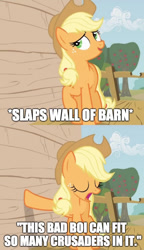 Size: 500x866 | Tagged: safe, edit, edited screencap, imported from derpibooru, screencap, applejack, earth pony, pony, the show stoppers, applejack's hat, car salesman, cowboy hat, female, hat, image macro, mare, meme, open mouth, slaps roof of car meme, solo