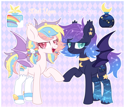 Size: 3600x3100 | Tagged: safe, artist:hawthornss, imported from derpibooru, oc, oc only, oc:evening star, oc:wish upon, bat pony, pony, bat pony oc, blushing, choker, clothes, collar, constellation, cute, cute little fangs, cutie mark, ear fluff, ethereal mane, fangs, looking at you, open mouth, reference sheet, siblings, socks, starry mane, text, twins