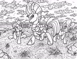 Size: 6601x5100 | Tagged: safe, artist:artponymdp, imported from derpibooru, pinkie pie, tempest shadow, twilight sparkle, alicorn, pony, absurd resolution, monochrome, traditional art, twilight sparkle (alicorn)